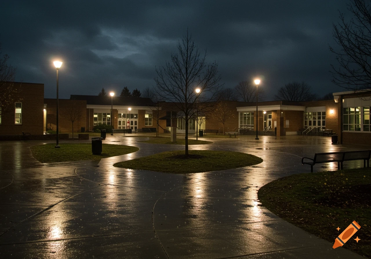 A photorealistic night scene of a school campus with wet, reflective ground, brick buildings, and streetlights.