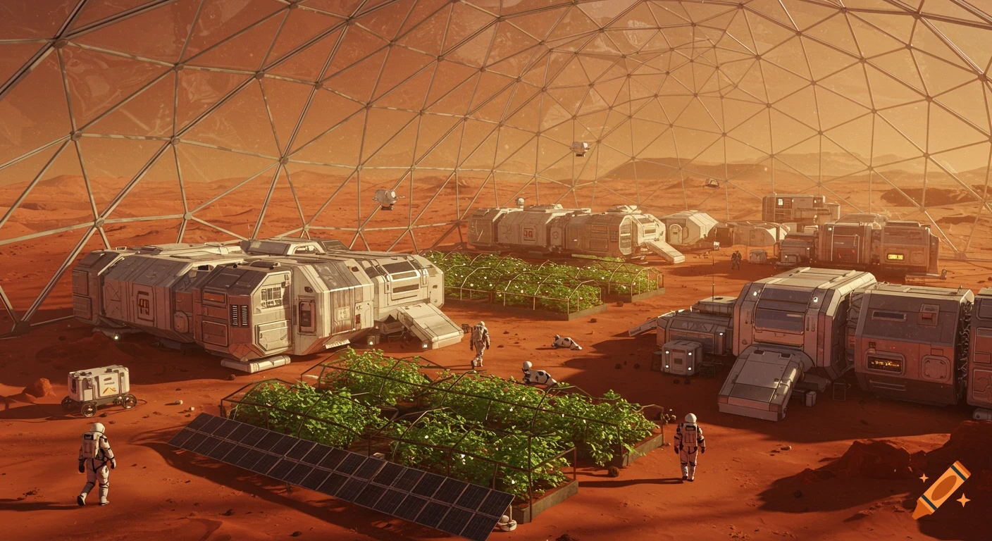 A photorealistic scene of a futuristic Mars colony under a transparent dome, with astronauts, habitat modules, solar panels, and greenhouses.