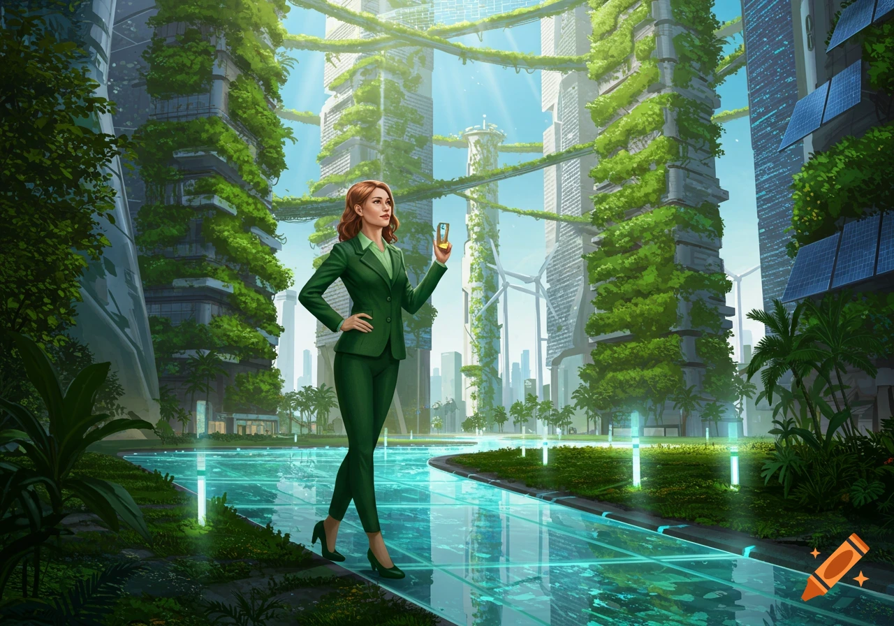 A woman in a green suit in a vibrant, futuristic green city with towering, vine-covered skyscrapers and glowing pathways. Digital art.