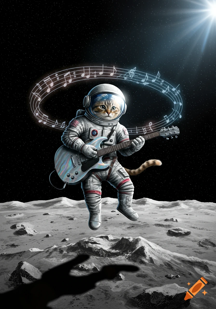 A tabby cat in an astronaut suit plays an electric guitar while floating above the moon's surface, surrounded by musical notes.