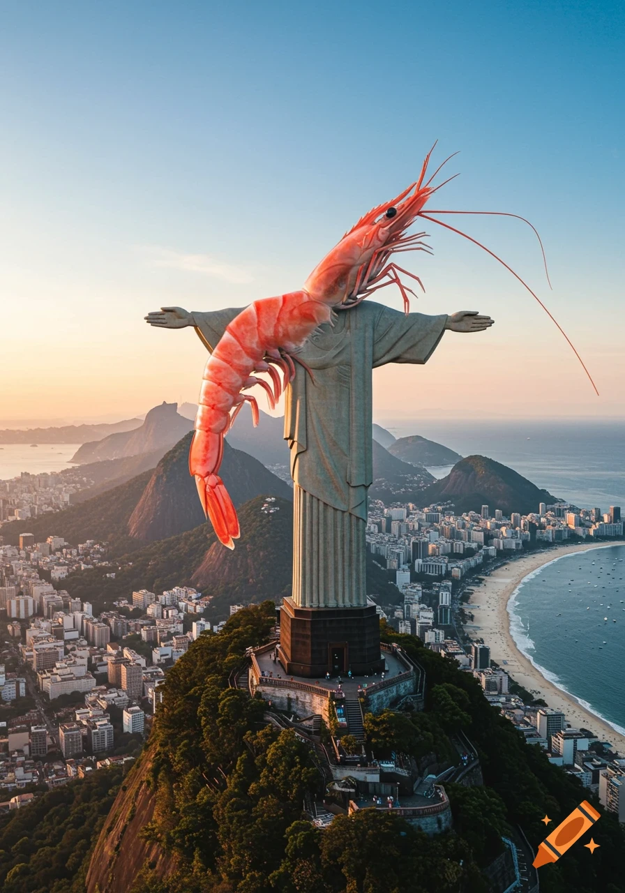A giant, cooked shrimp perched on the Christ the Redeemer statue overlooking Rio de Janeiro at sunset.