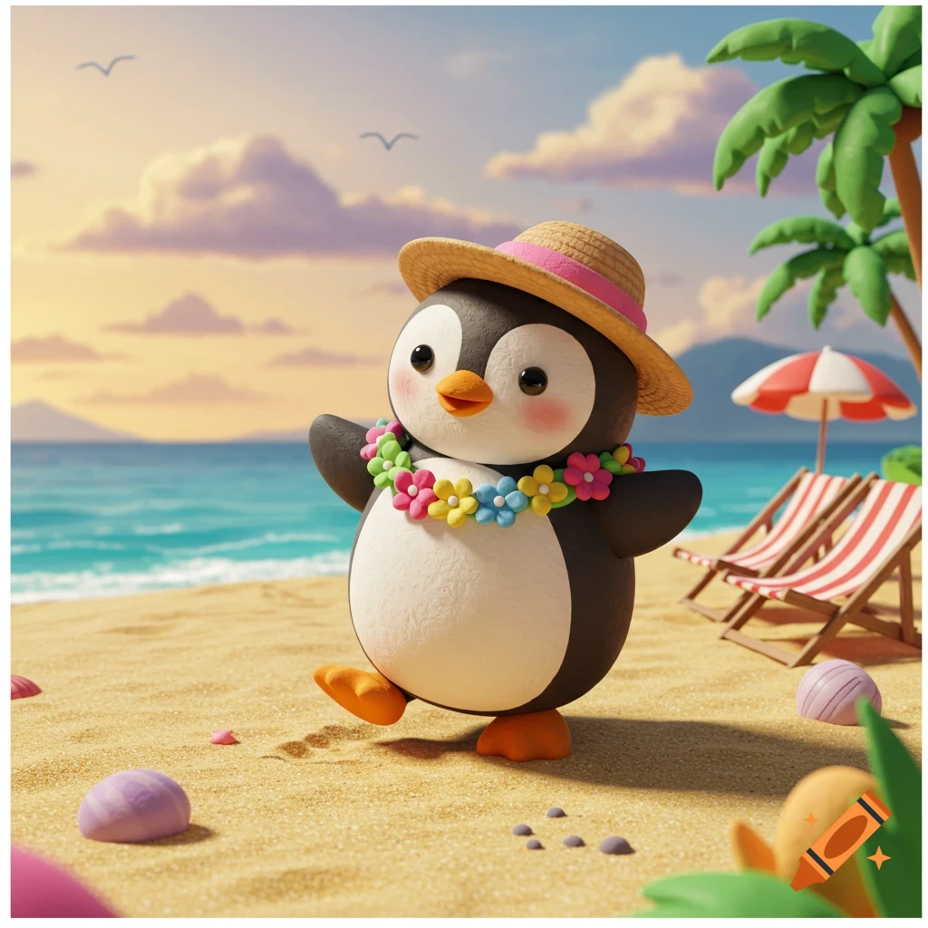 A cute cartoon penguin in a straw hat and lei walks on a sandy beach with the ocean and palm trees under a sunset sky.