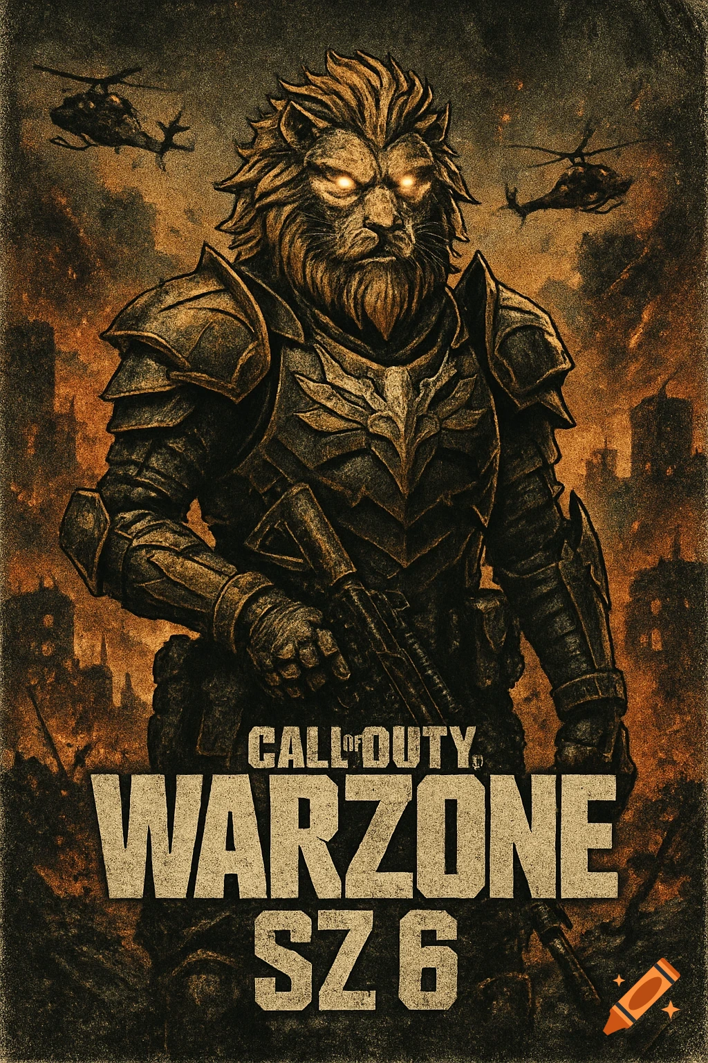 Gritty poster of an armored lion-headed soldier with glowing eyes, holding a rifle in a fiery warzone. Text: Call of Duty Warzone SZ 6