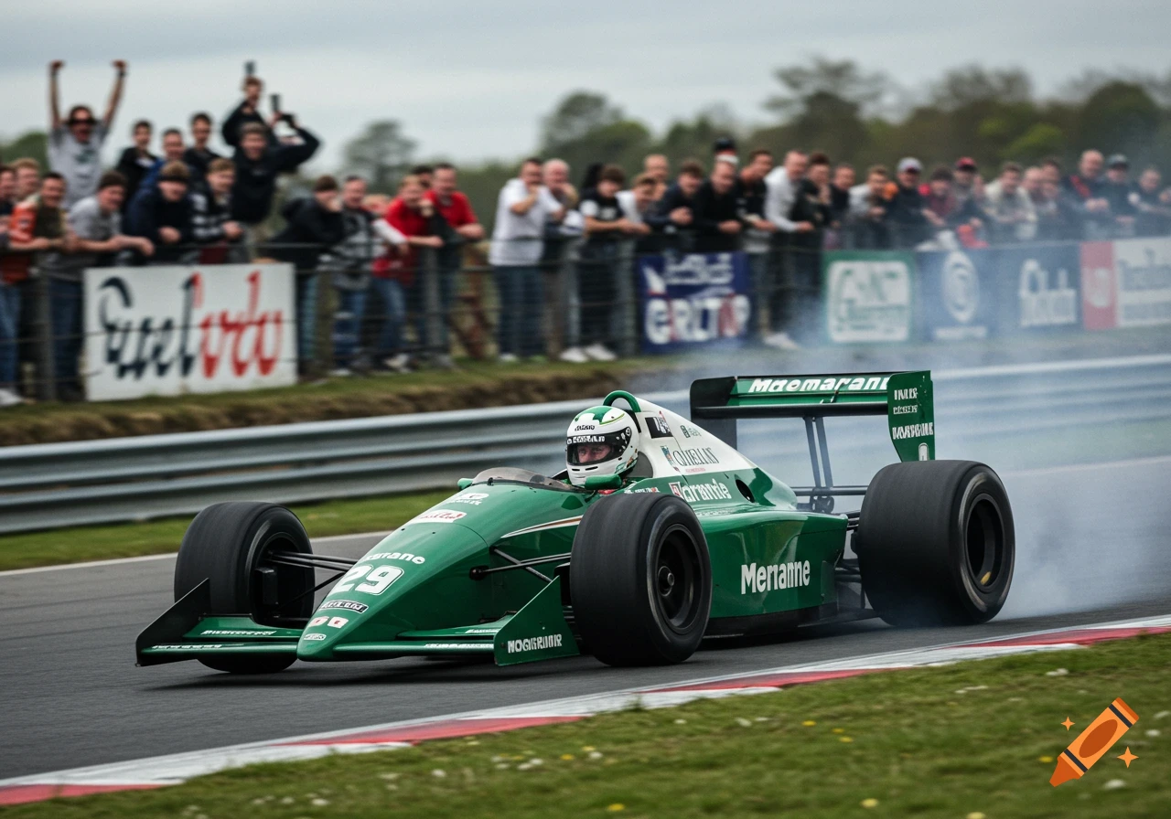 A green open-wheel race car, number 29, speeds along a track, smoking from its tires, with spectators in the background.