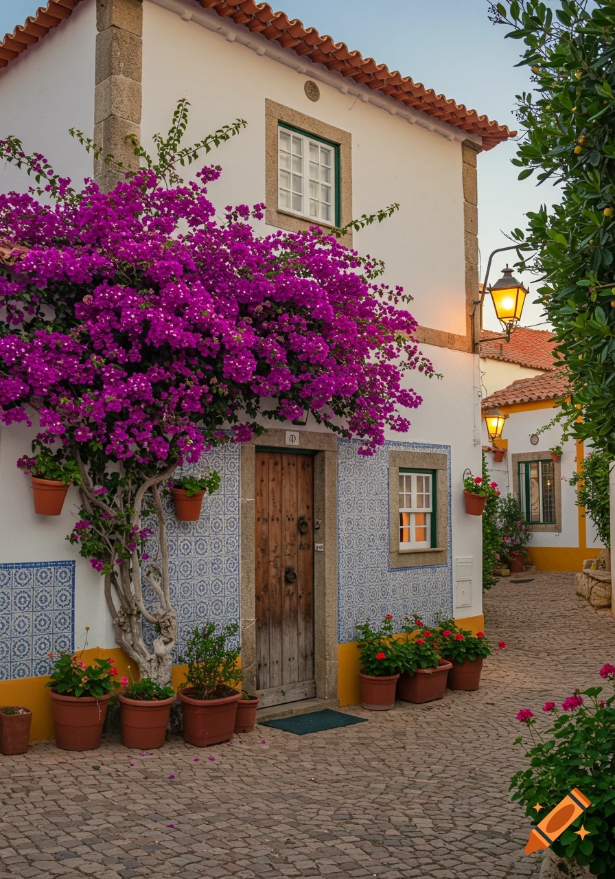 A vibrant street scene with a white house covered in purple bougainvillea, blue tiles, potted plants, and a cobblestone street.
