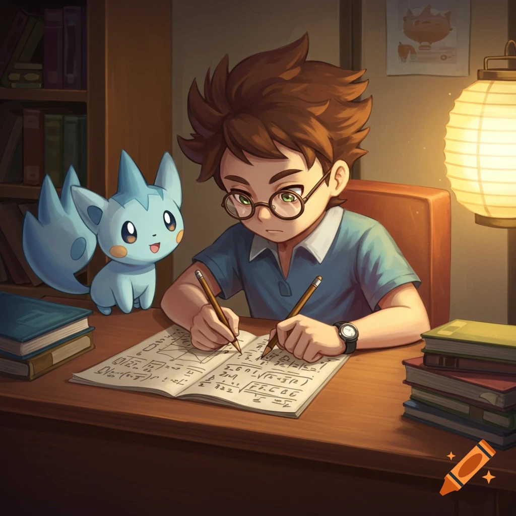 Anime boy in glasses studies math, writing in a notebook at a desk under a lantern, as a cute blue fox-like creature watches him.