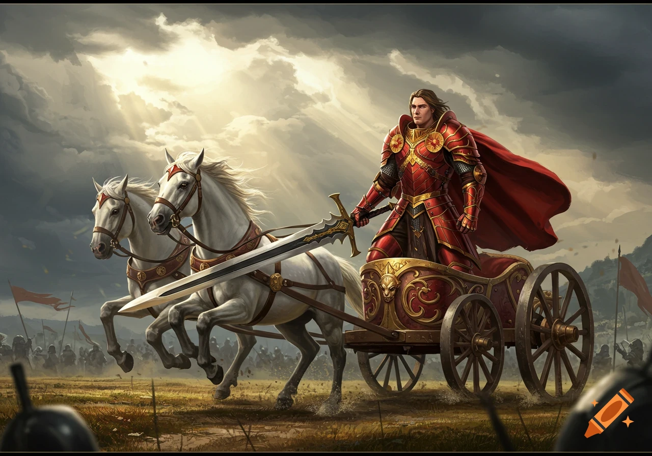 A warrior in red and gold armor holds a greatsword while riding a golden chariot pulled by two white horses across a battlefield under a dramatic sky.