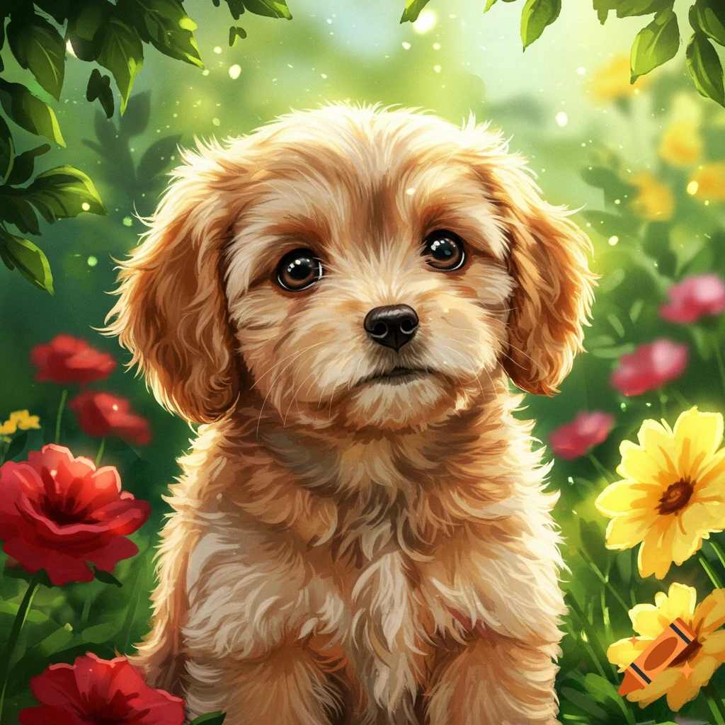 A fluffy golden-brown puppy with big dark eyes sits in a vibrant green garden filled with red and yellow flowers.