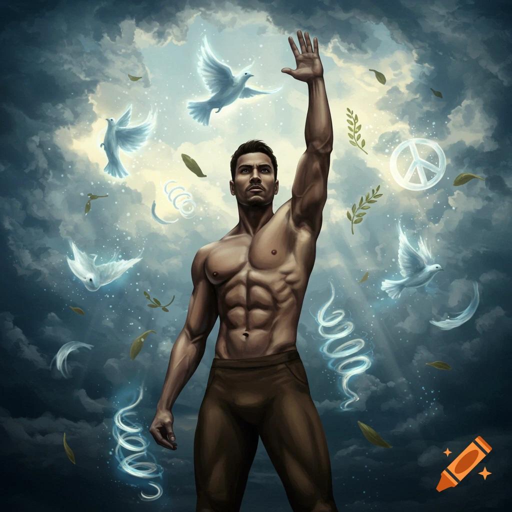Muscular man with arm raised, surrounded by doves, olive branches, a peace symbol, and ethereal light in a dramatic sky.