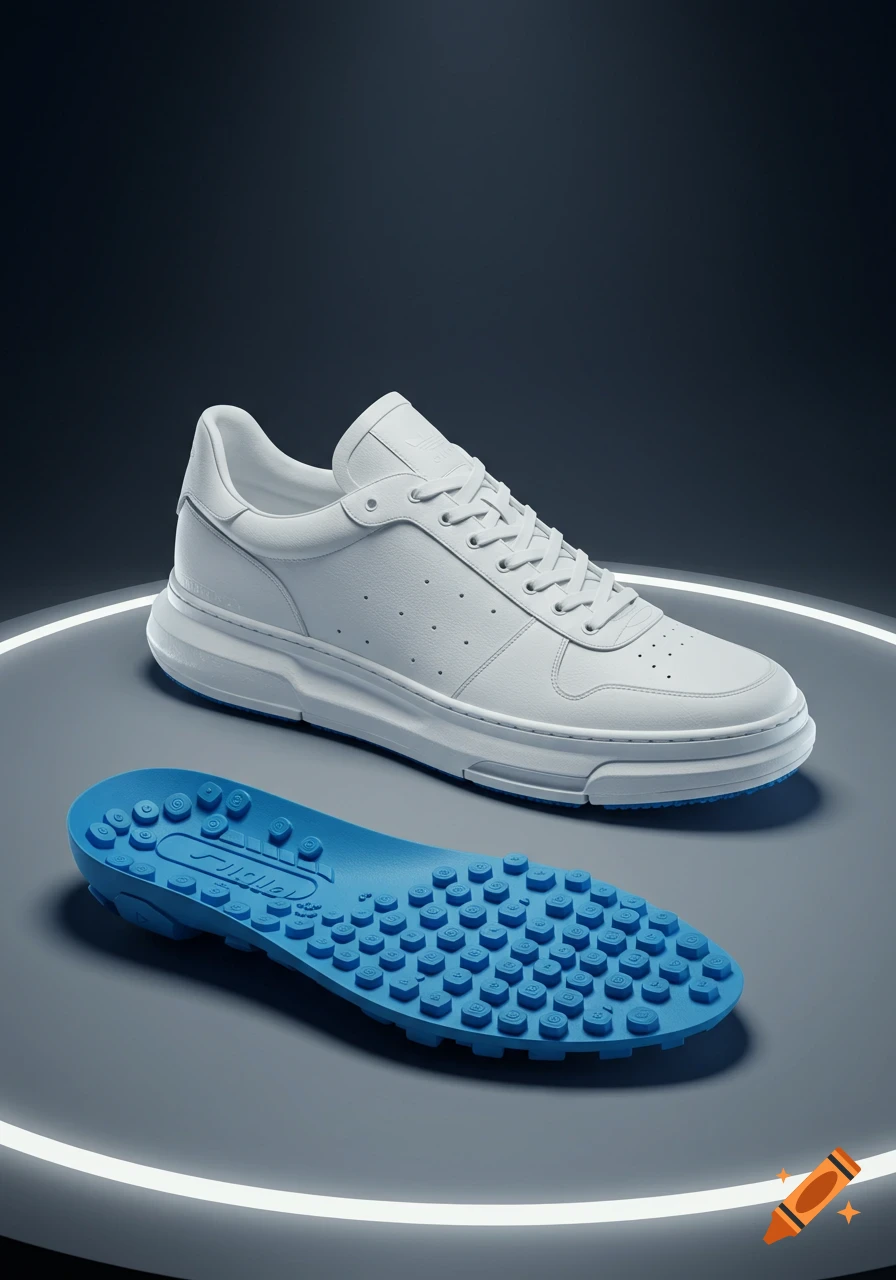 A photorealistic image of a white sneaker with a blue, textured removable insole on a glowing platform.