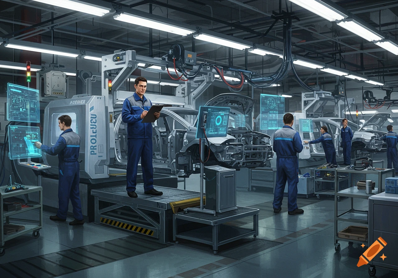 Digital illustration of several workers in an automotive factory, inspecting car frames and interacting with holographic screens.
