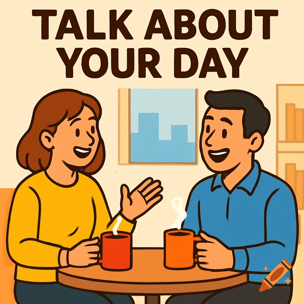 Flat vector illustration of a man and a woman talking happily over coffee mugs, with the title 'TALK ABOUT YOUR DAY' at the top.