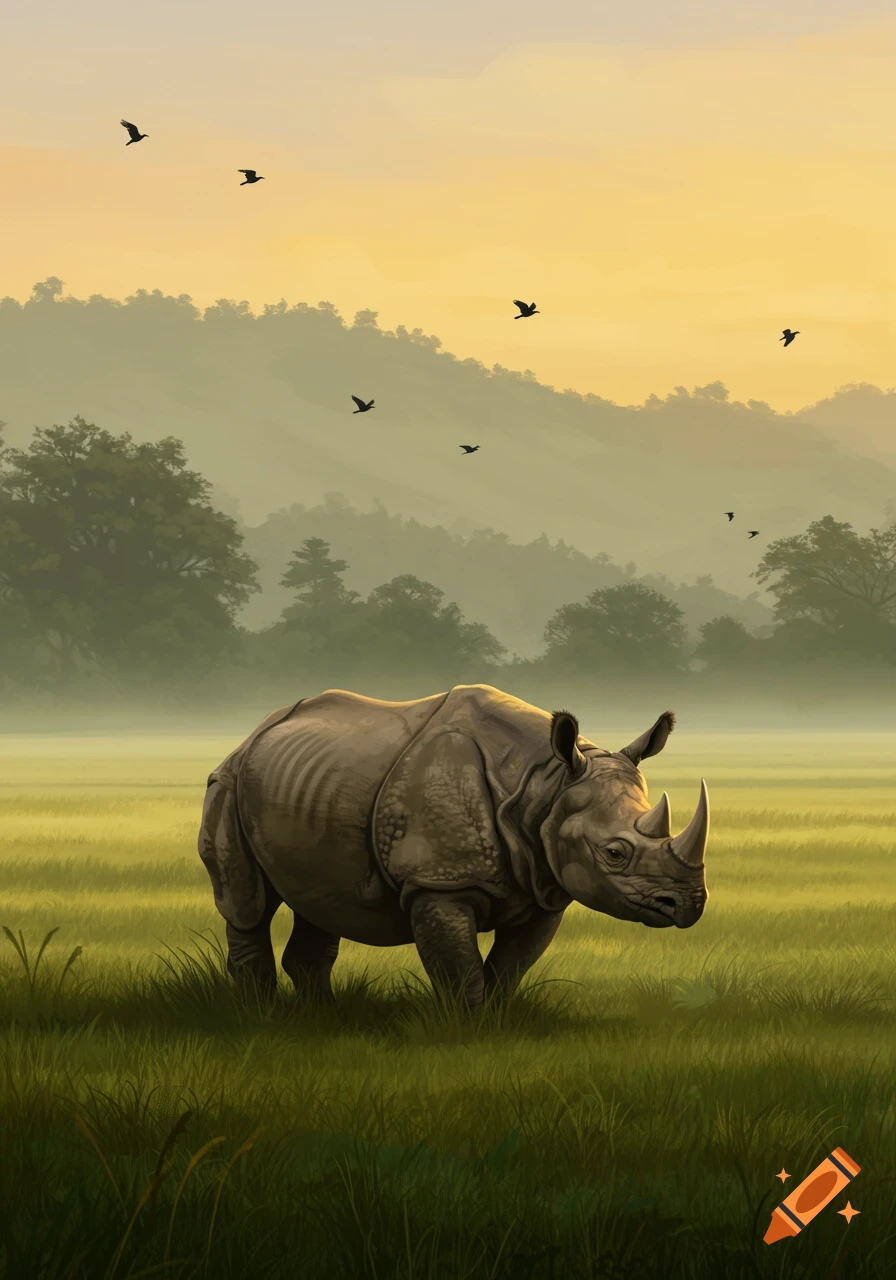 A one-horned rhino stands in a grassy field with misty mountains and birds silhouetted against a golden sunset sky, digital painting.