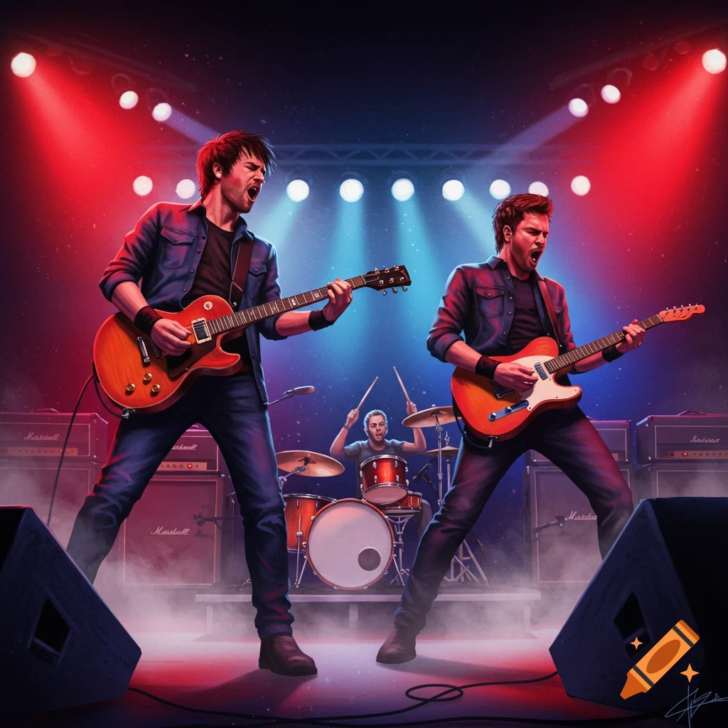 A rock band performs on a stage bathed in red and blue spotlights, with two guitarists in the foreground and a drummer behind them.