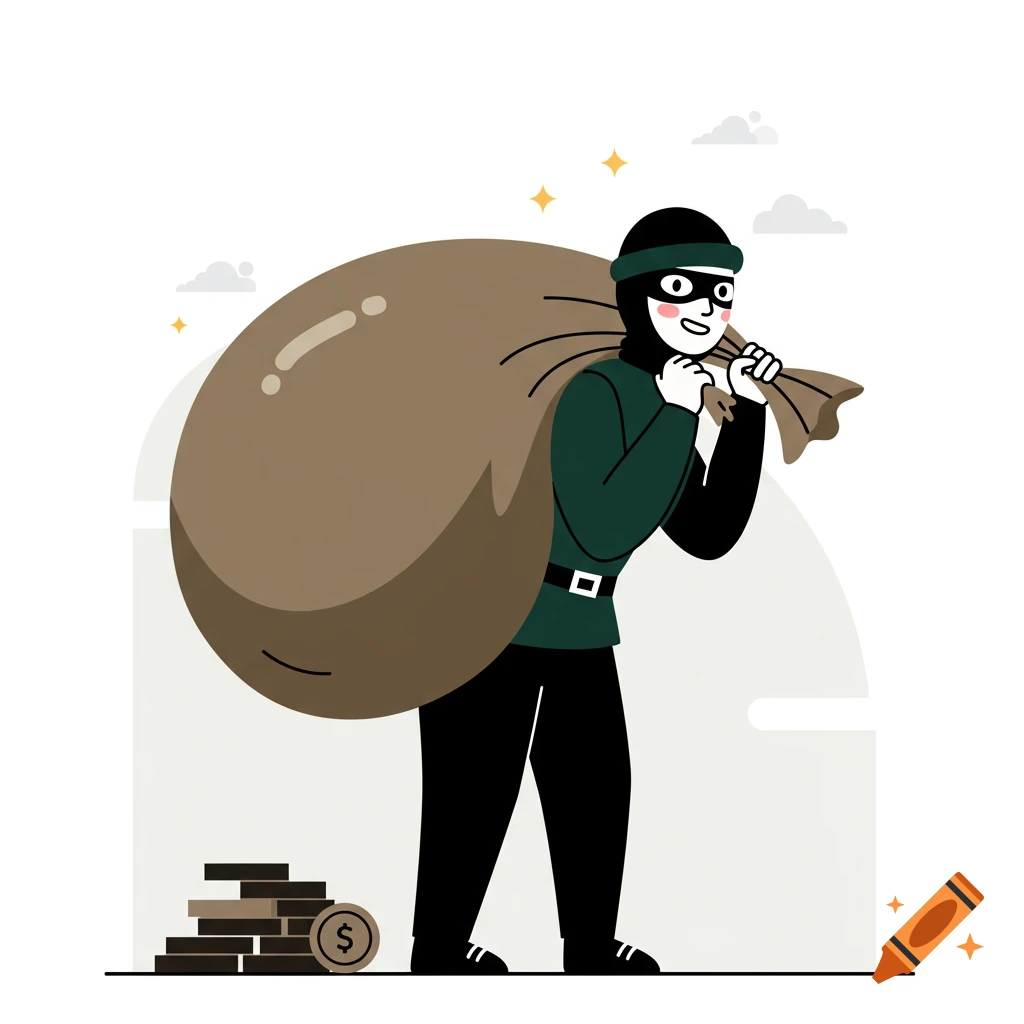 A cartoon illustration of a smiling thief in a black mask carrying a large sack over his shoulder, with a stack of coins on the ground.