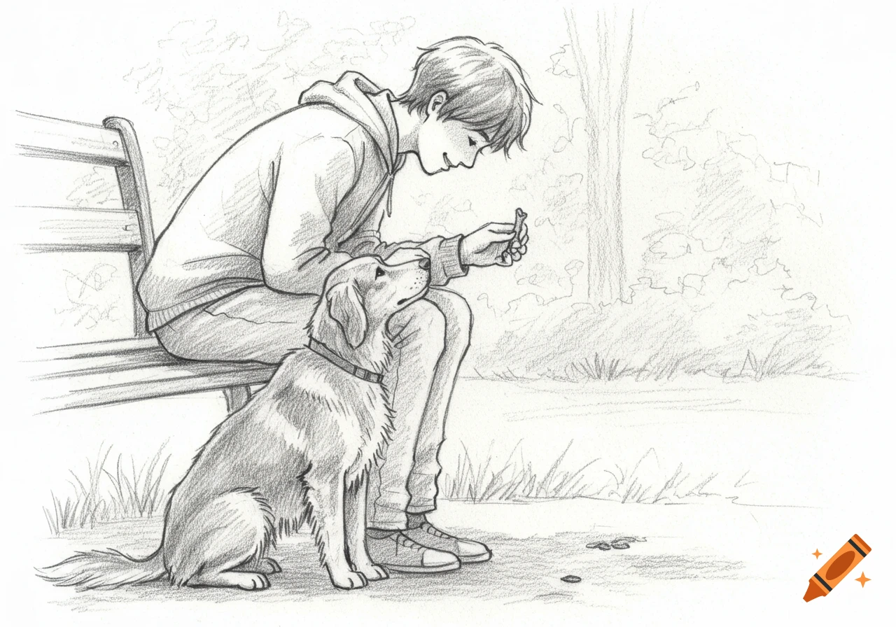 Pencil drawing of a young person sitting on a bench, leaning over to feed a treat to a golden retriever sitting next to them in a park.