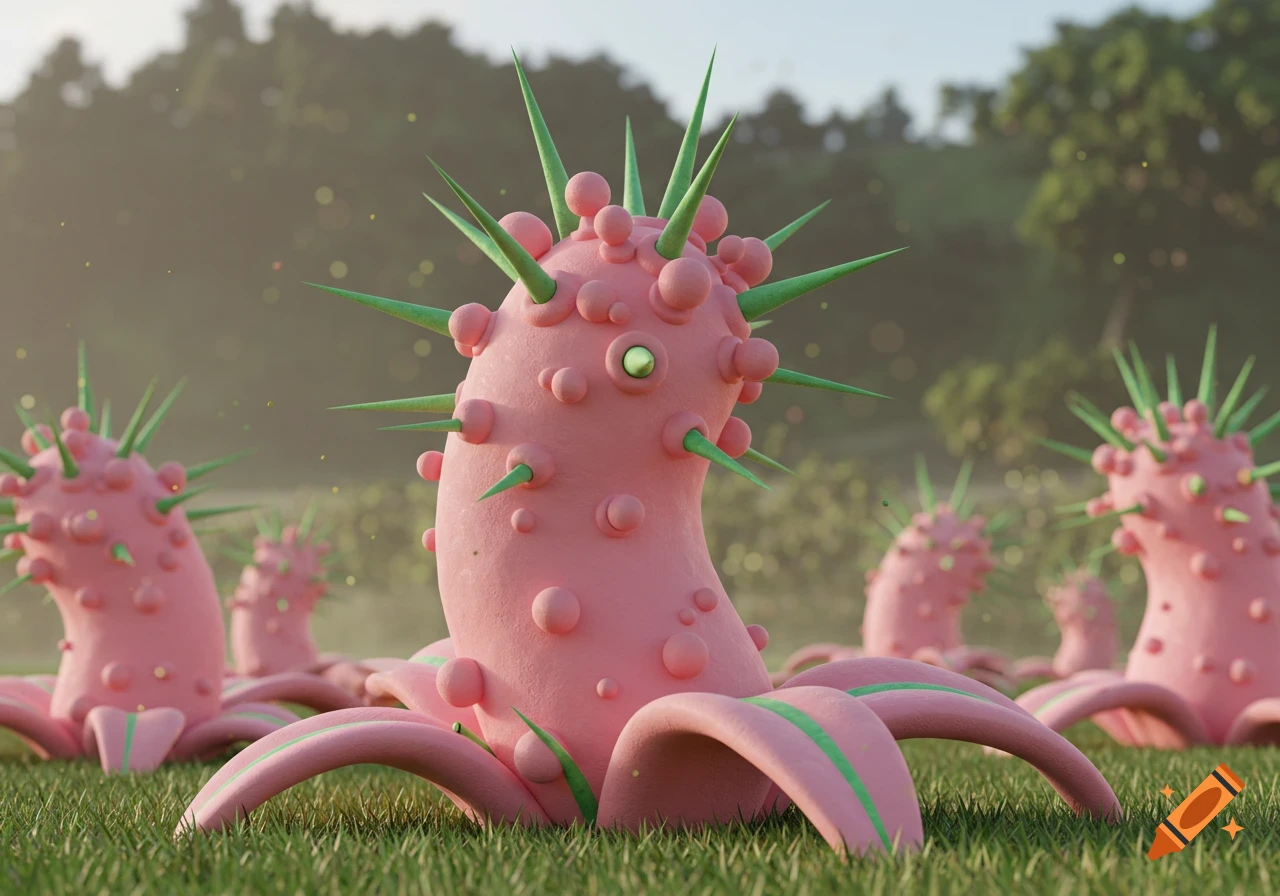 A field of surreal, pink, spiky, plant-like creatures with green accents, rendered in a stylized 3D animation style.