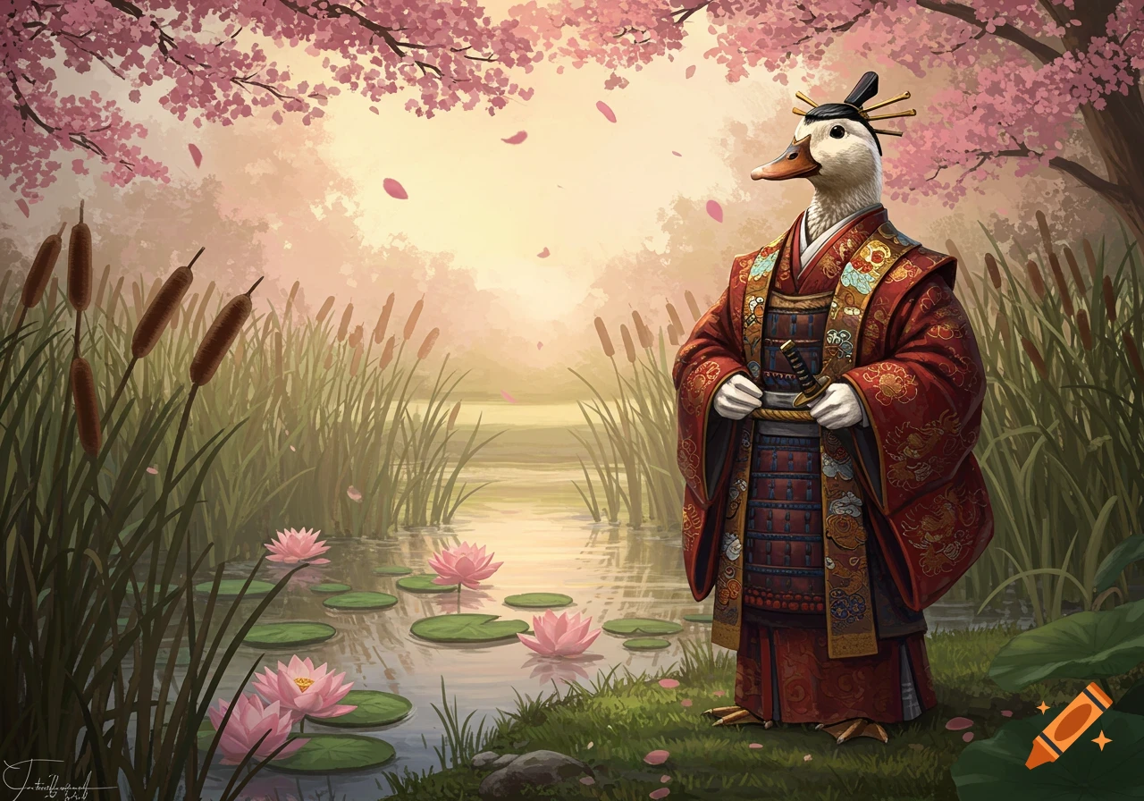 An illustrated duck dressed as a Japanese Shogun stands by a pond with pink lotus flowers and cherry blossoms.
