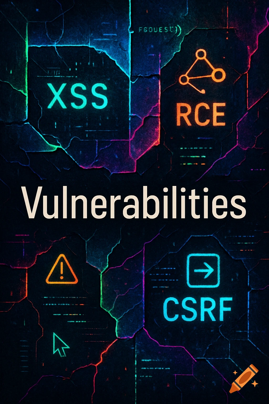 Digital art book cover titled "Vulnerabilities" featuring glowing neon circuit patterns and icons for XSS, RCE, and CSRF.