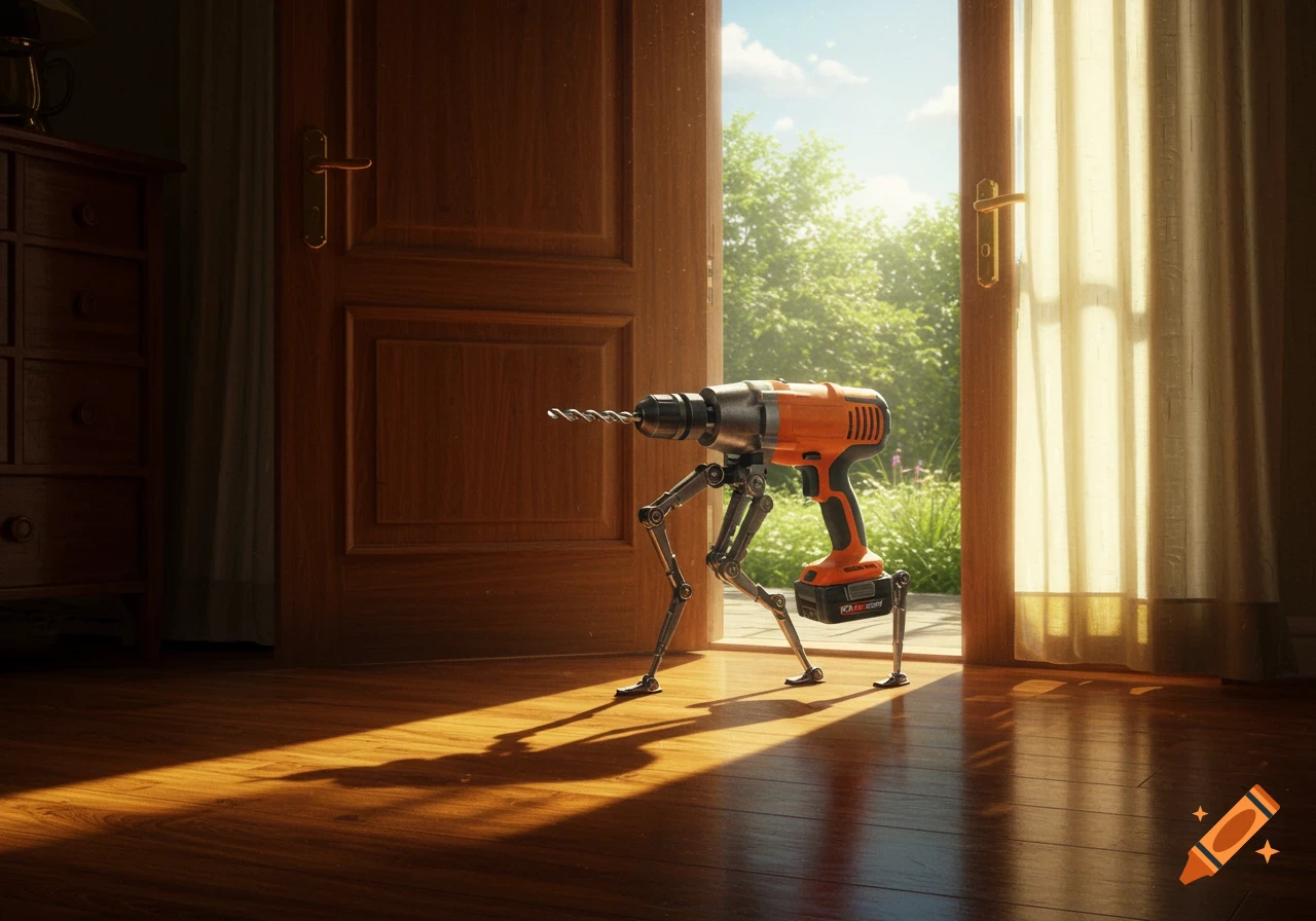 A power drill with robotic legs walks out of a wooden doorway into a sunny green yard, in a photorealistic style.