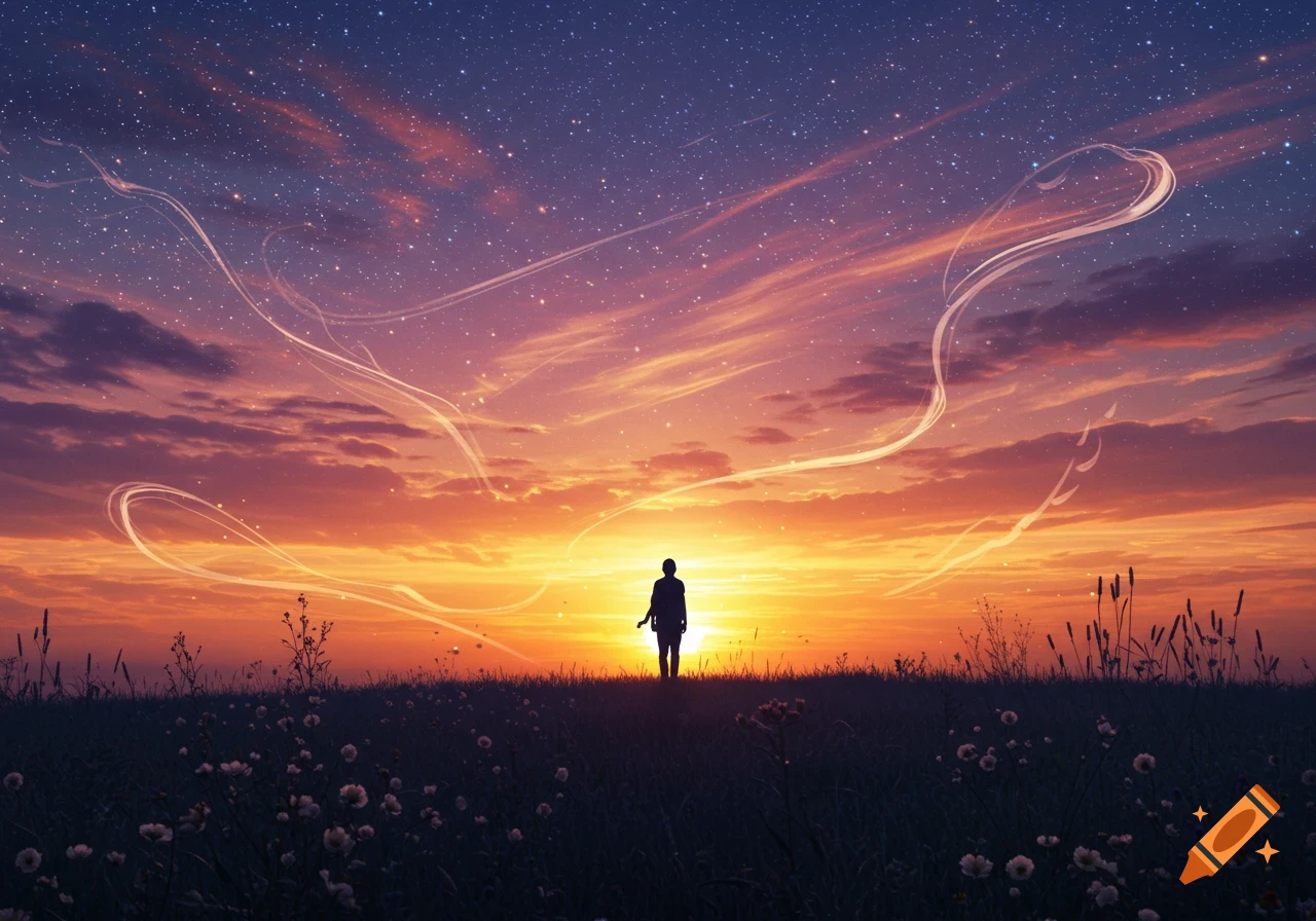 A lone figure stands silhouetted against a vibrant, starry sunset sky with glowing trails over a field of flowers in an anime style.