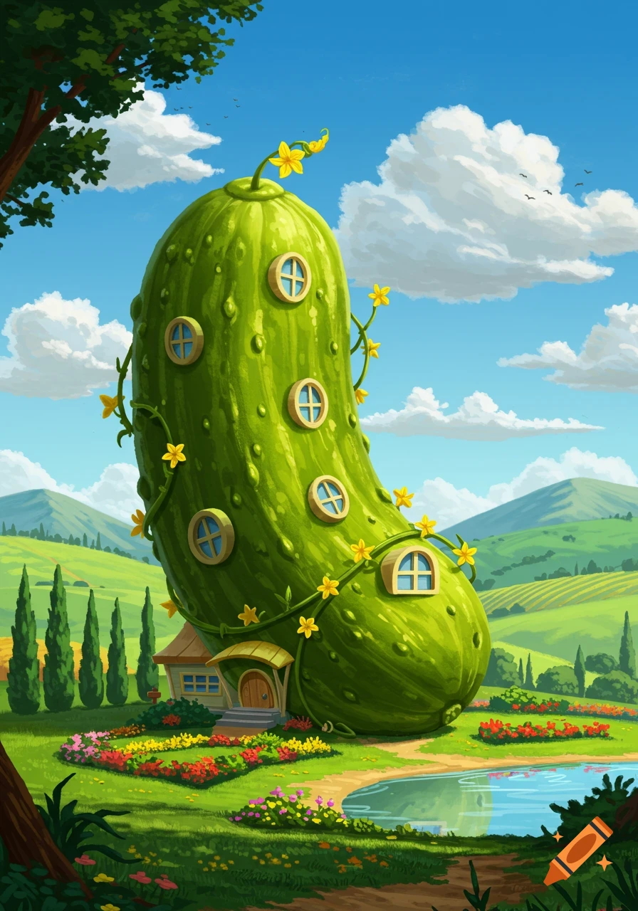 A whimsical, tall house shaped like a giant green pickle stands in a vibrant, idyllic countryside with rolling hills, a pond, and colorful flowers.