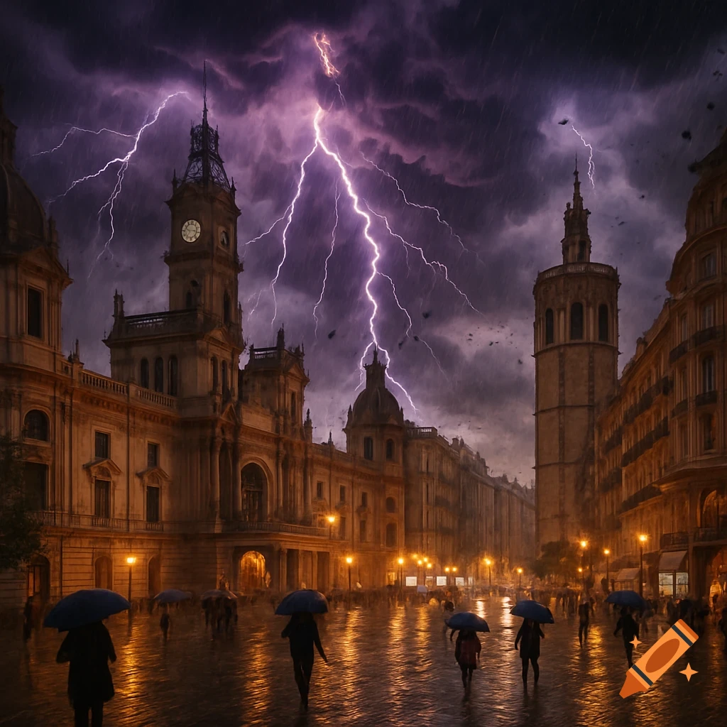 Dramatic stormy night in a city. Lightning flashes over grand buildings as people walk with umbrellas on wet, reflective streets.