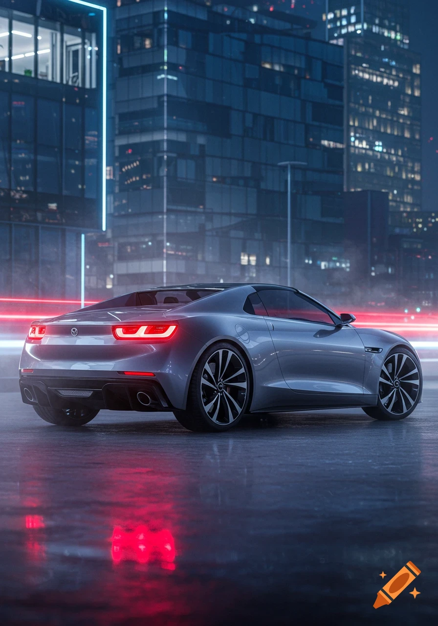 Sleek silver-grey convertible sports car parked on a wet city street at night, reflecting red taillights and neon blue building lights.