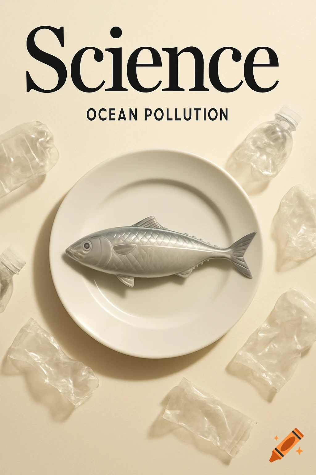 Science magazine cover about ocean pollution featuring a plastic fish on a white plate surrounded by crumpled plastic bottles and bags.