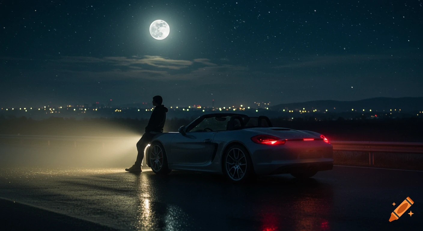 A person leans against a silver Porsche Boxster on a wet highway at night, under a bright full moon and starry sky, with distant city lights.