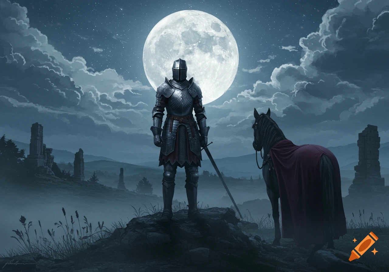 A knight in full armor stands on a rocky outcrop with a horse beside him, under a large full moon in a misty, cloudy night landscape.