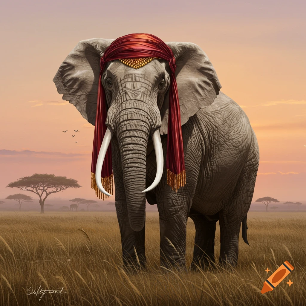 An elephant wearing a red and gold turban stands in a grassy savanna with acacia trees under a sunset sky.