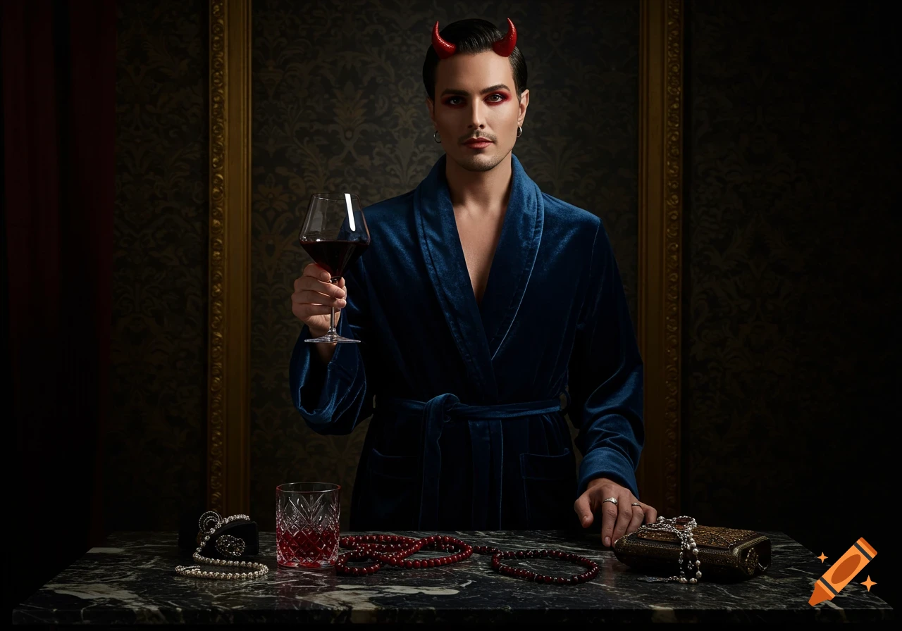 A man in a blue velvet robe with devil horns and dramatic red makeup holds a glass of wine, standing behind a marble table with jewelry.