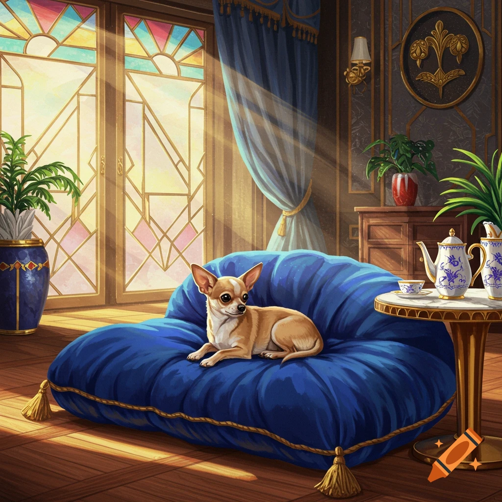 A fawn chihuahua lies on a plush blue cushion in a sunlit, luxurious room with stained glass windows and ornate decor.