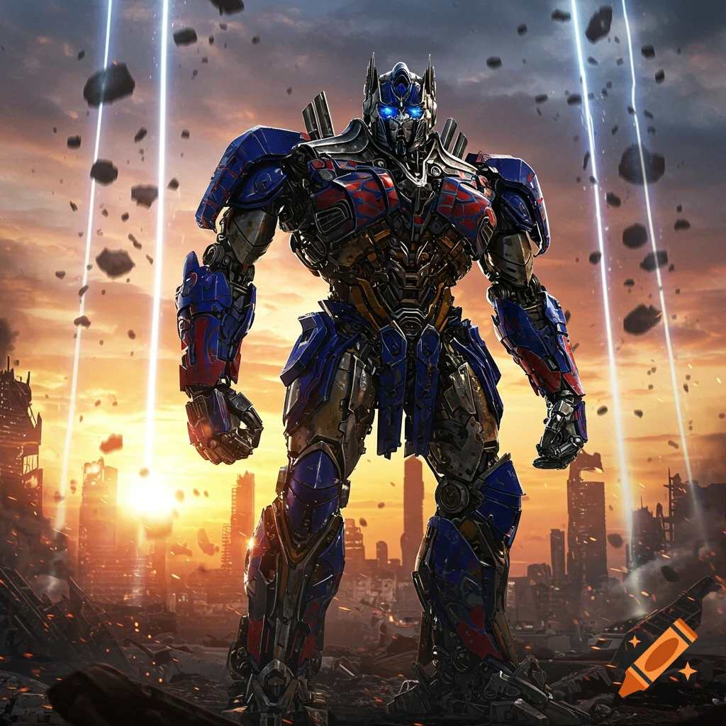 Optimus Prime stands powerfully in a destroyed city at sunset, with glowing light beams and debris falling.