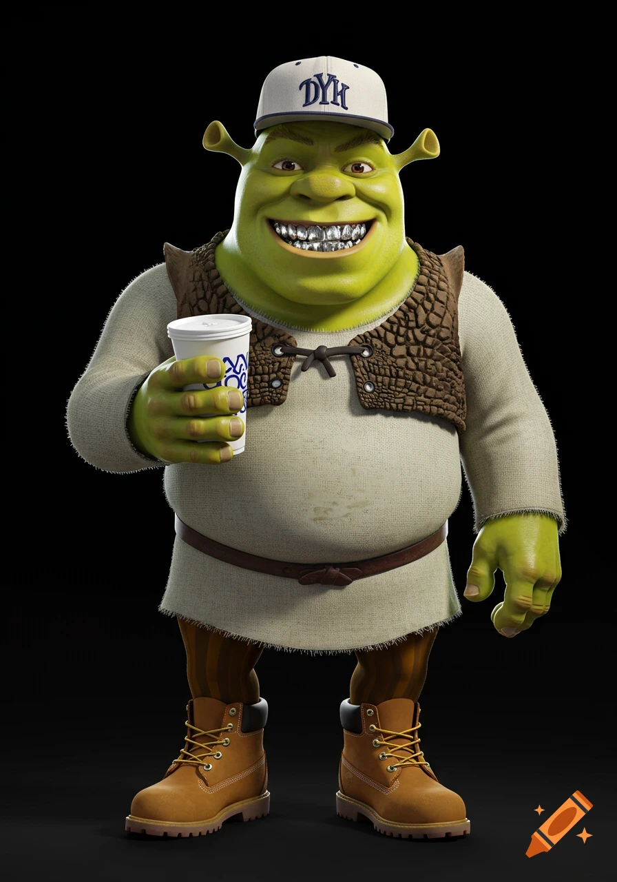 3D rendered Shrek with grillz, a white baseball cap with 'DYH', and Timberland boots, holding a white cup with a blue logo against a black background.