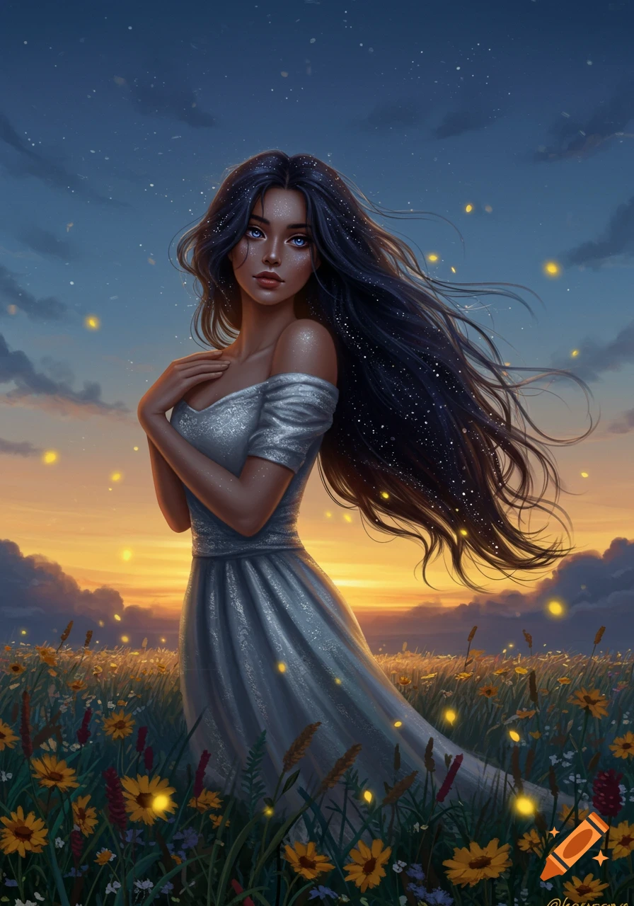 Digital painting of a beautiful woman with dark, sparkling hair and a silver dress in a field of glowing wildflowers at sunset.
