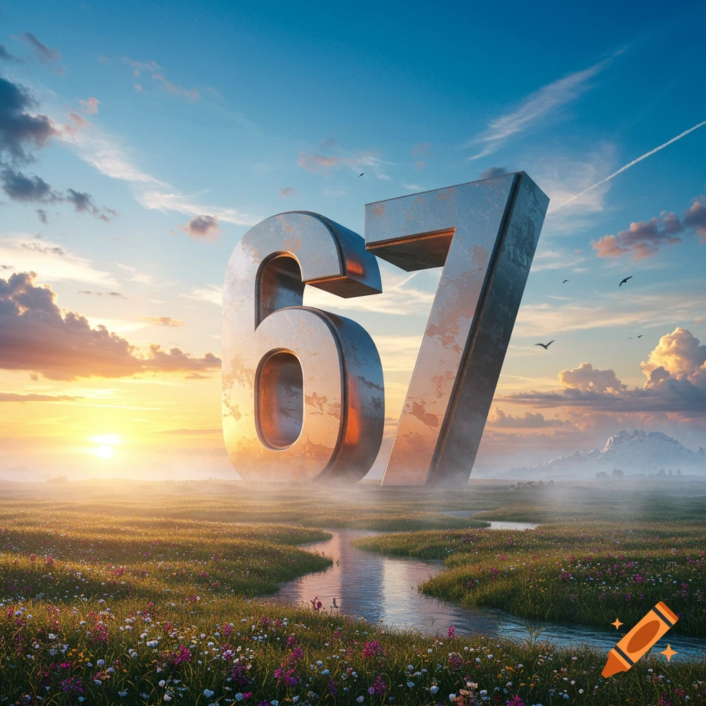 Large metallic numbers '67' stand in a vibrant green field with a stream and wildflowers under a dramatic sunset sky.
