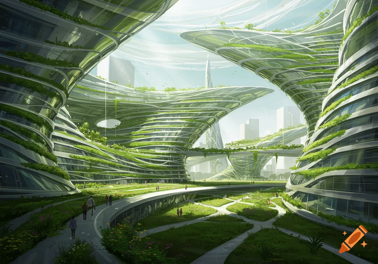 A vibrant futuristic city with towering, curving buildings covered in lush green plants and winding pathways, showcasing biomimicry architecture.