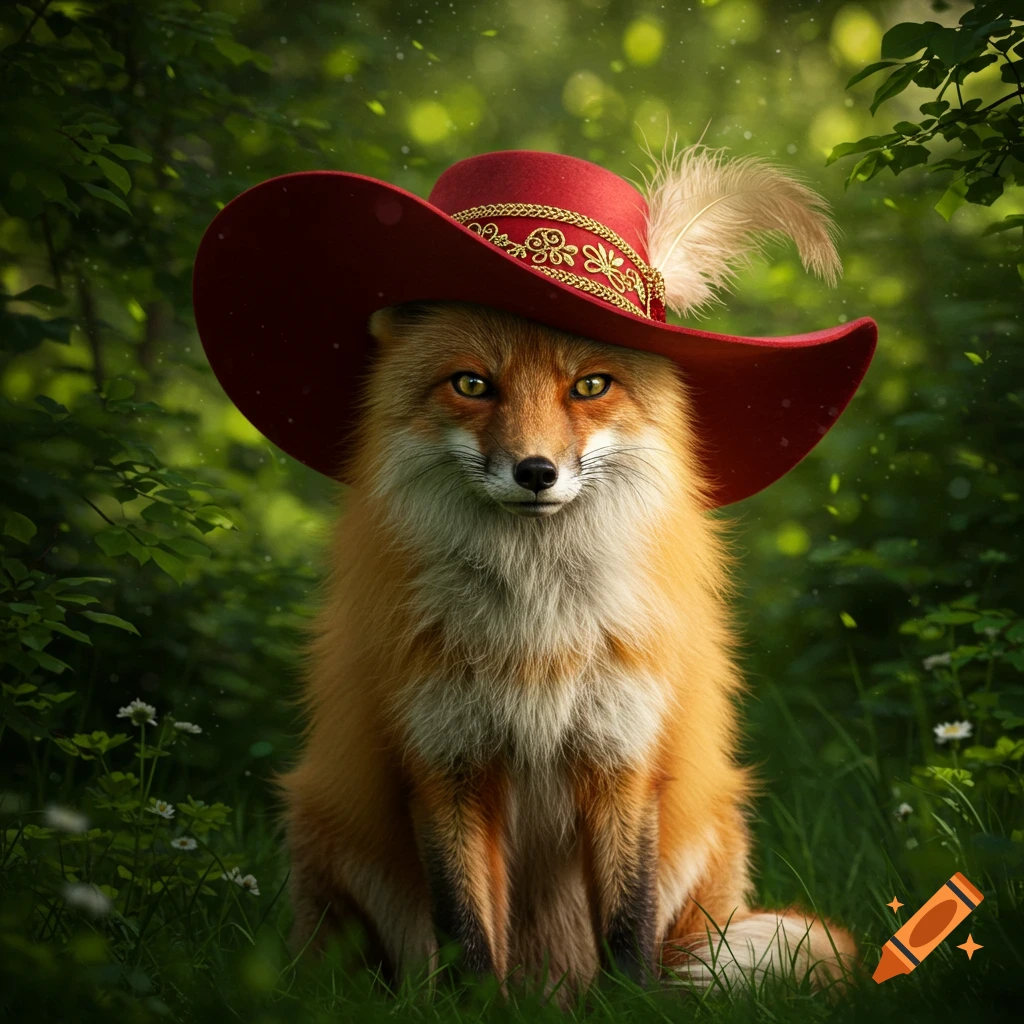 A photorealistic fox in a red, feathered hat with gold trim, sitting in a lush green forest.
