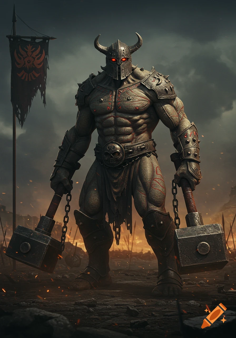 A muscular, horned warrior creature with glowing red eyes and stone-like skin holds two chained hammers next to a tattered flag under a stormy sky.