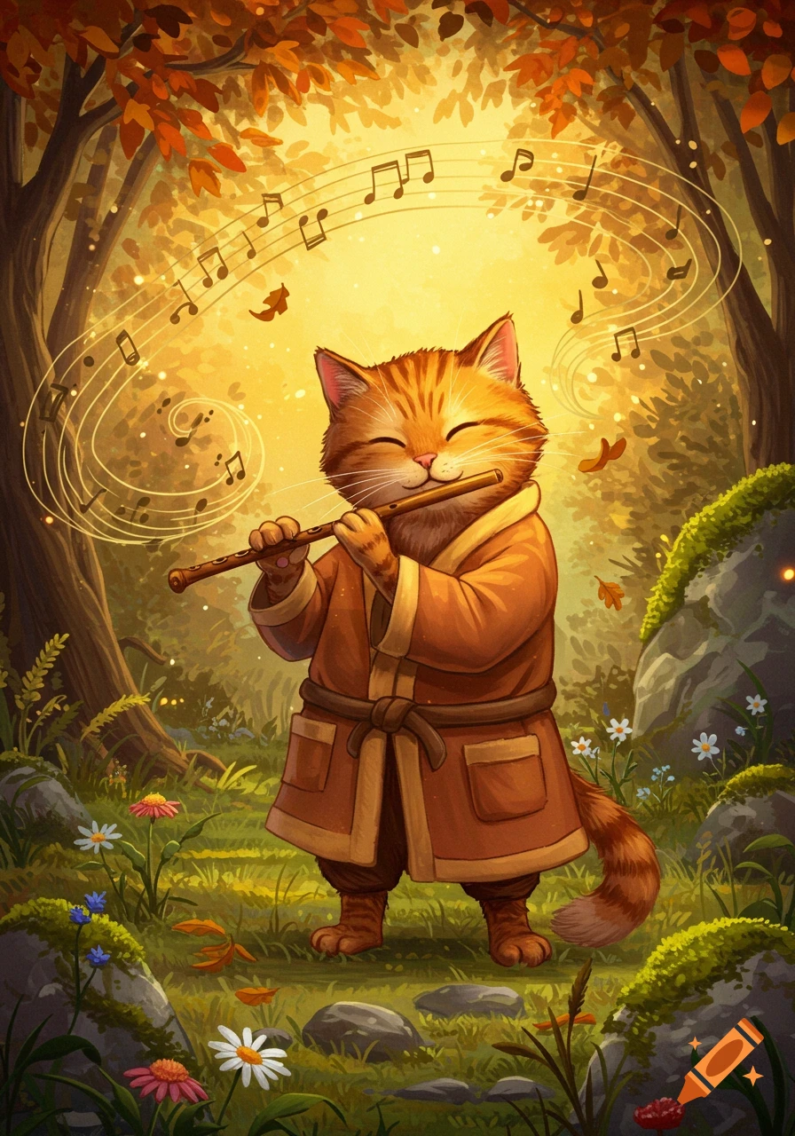 A happy, cartoonish ginger cat in a brown robe plays a flute, with musical notes swirling around it in a warm, autumn forest scene.
