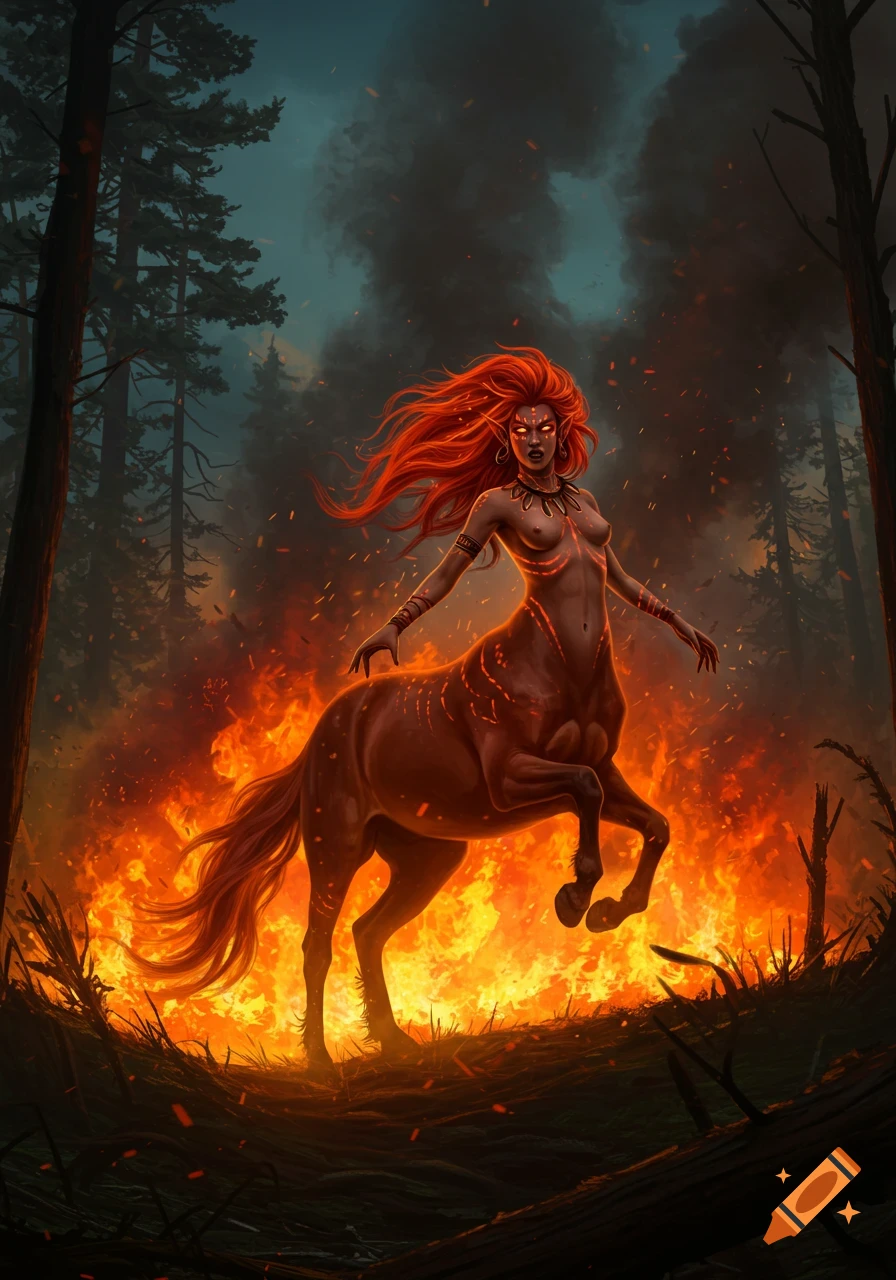 A red-haired female centaur with glowing eyes and patterns stands amidst a raging forest fire, smoke rising in the background.