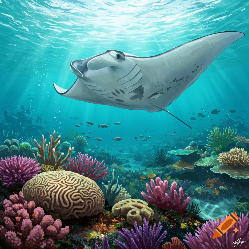 A gray manta ray swims gracefully over a vibrant coral reef, with sunbeams piercing the clear blue ocean.
