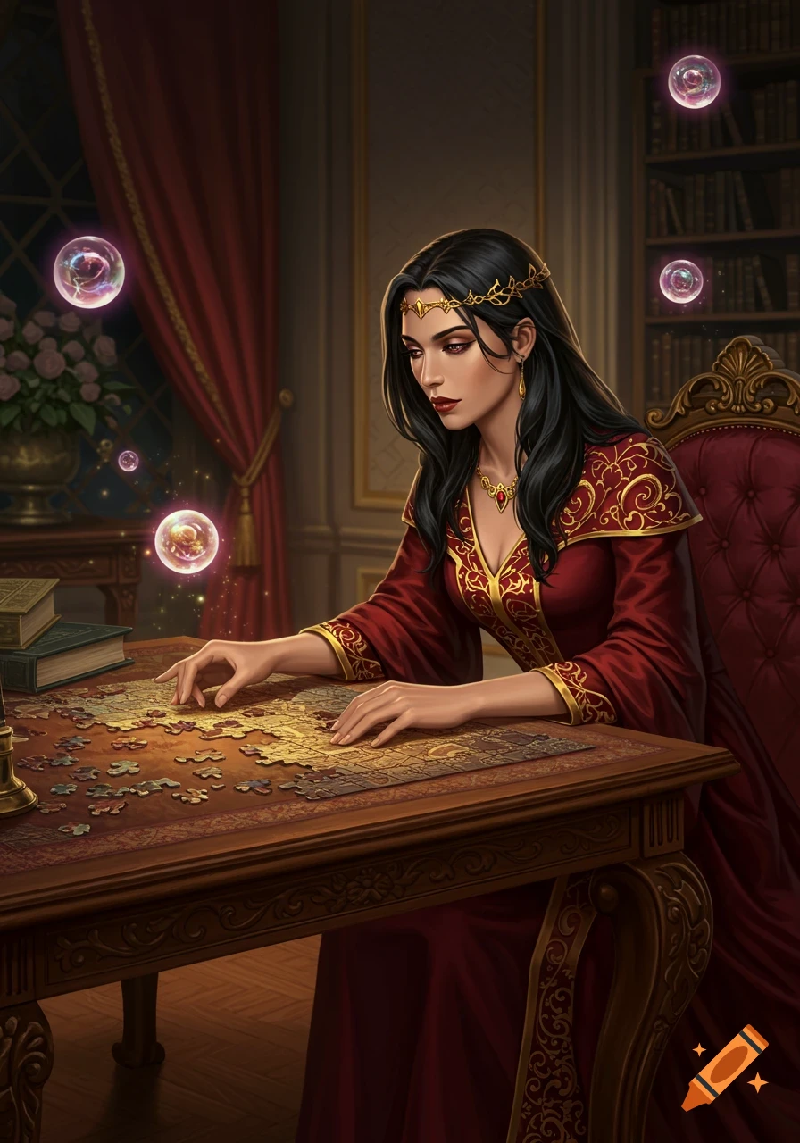 A regal sorceress with dark hair and a gold circlet sits at a wooden table in a lavish room, focused on a jigsaw puzzle, with magical glowing orbs floating nearby. Fantasy art.