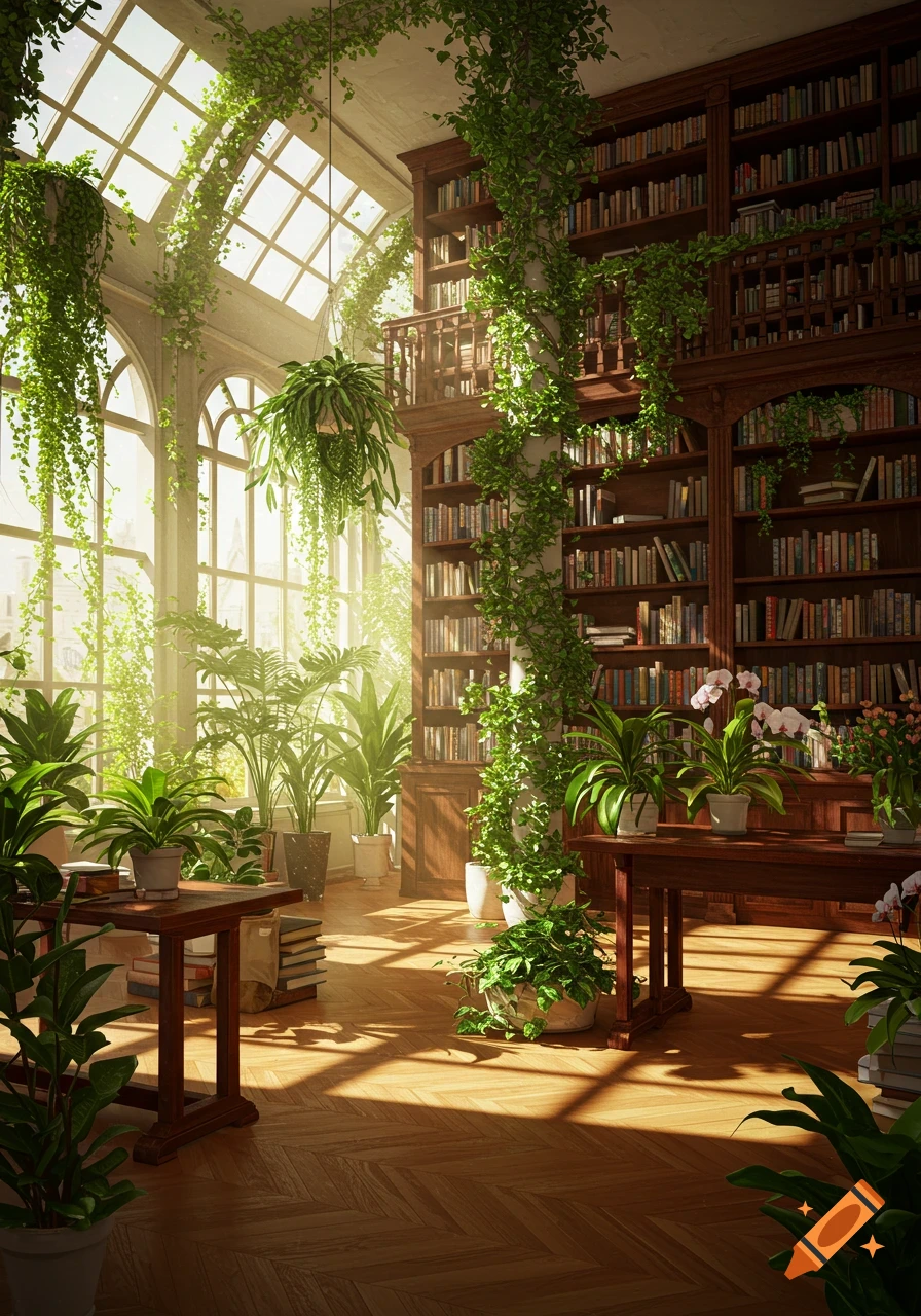 A sunlit library filled with numerous green plants, potted and climbing, tall arched windows, and wooden bookshelves.
