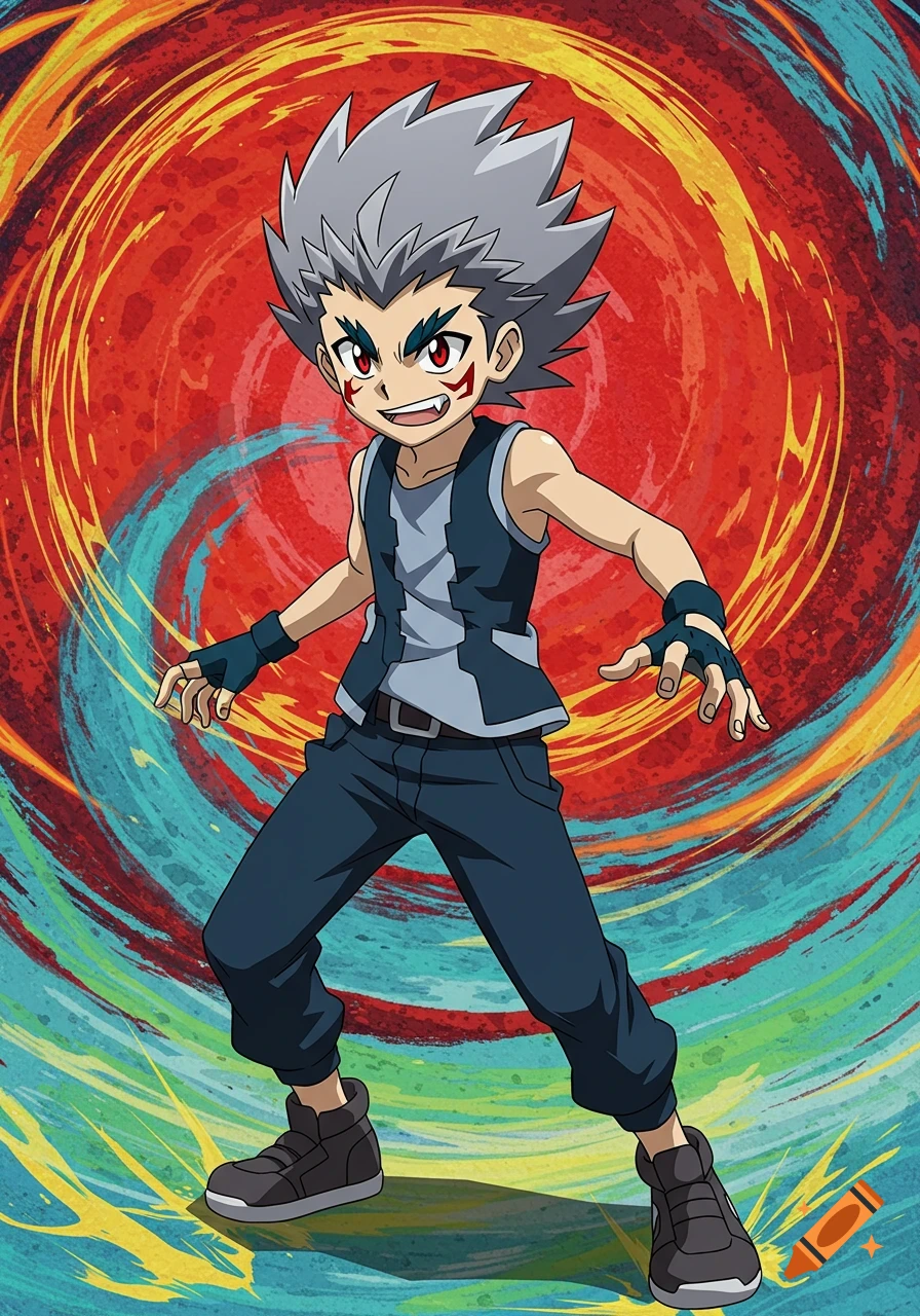 An anime boy with spiky grey hair and red eyes stands in a dynamic pose against a swirling red, orange, and blue background.