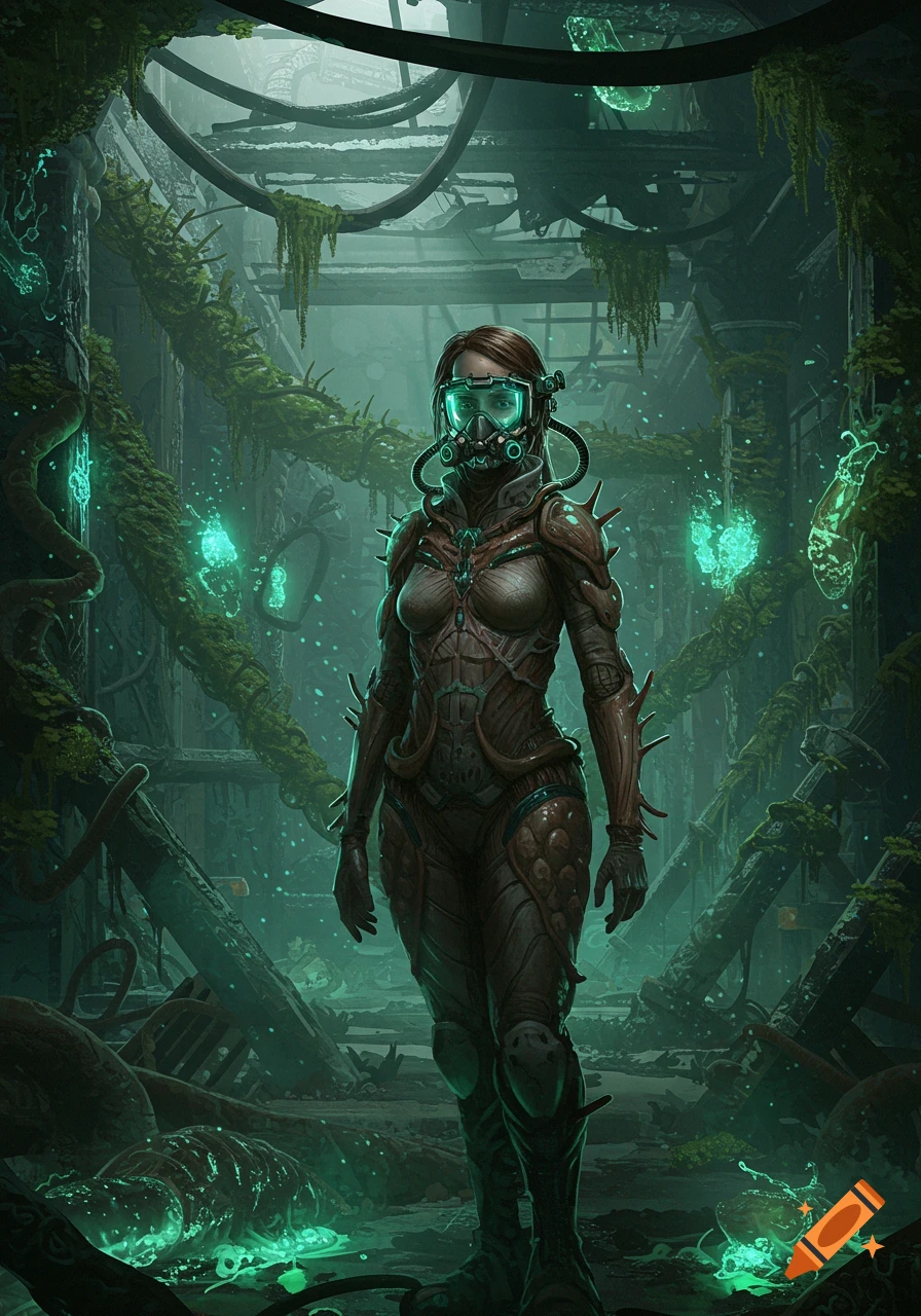 A female freelancer in a biopunk suit with a sealed visor and mask stands in a derelict, overgrown sci-fi transit hub with glowing green organic tendrils.