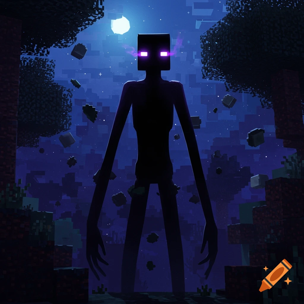A tall, shadowy Minecraft Enderman with glowing purple eyes in a dark, blocky landscape under a moon.