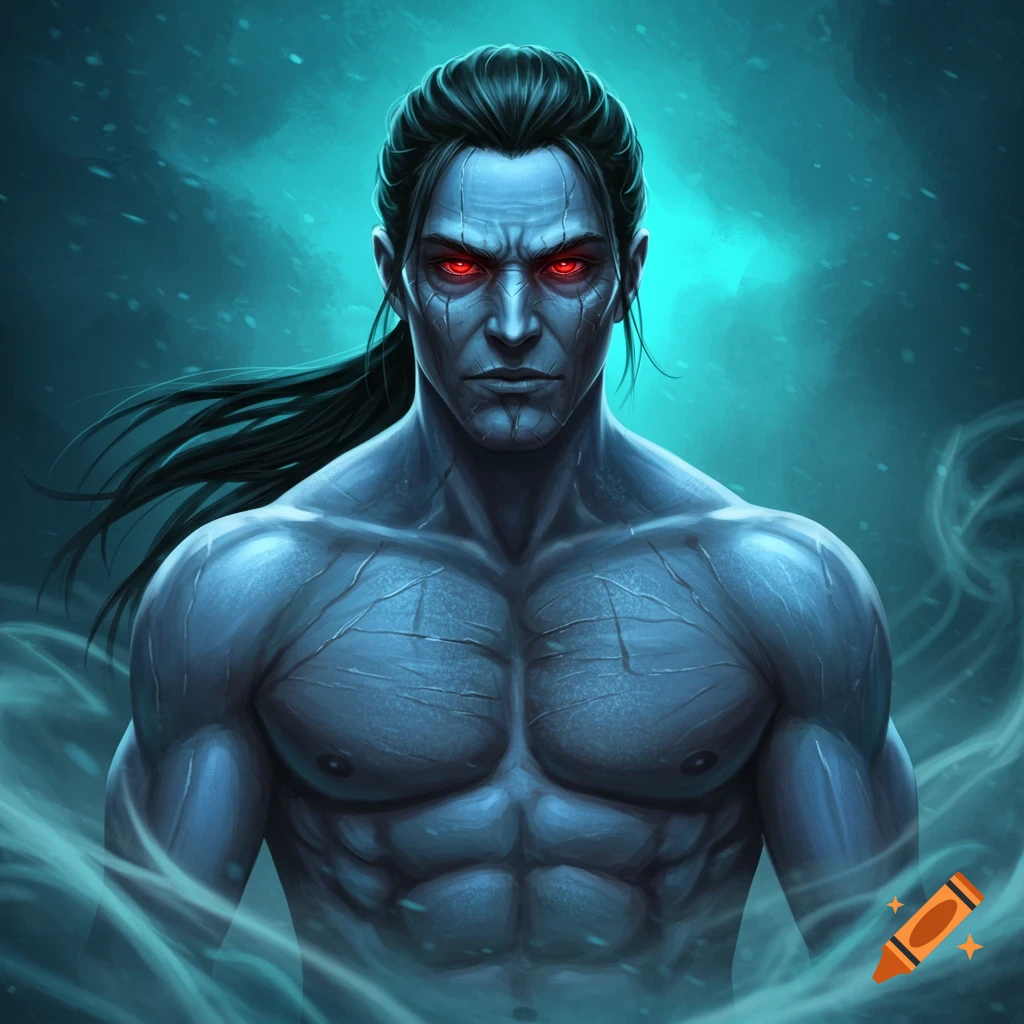 A muscular man with pale blue skin, glowing red eyes, and long black hair in a ponytail, emerges from a smoky blue background.